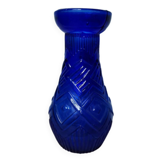 Vintage blue bulb vase in molded glass geometric pattern