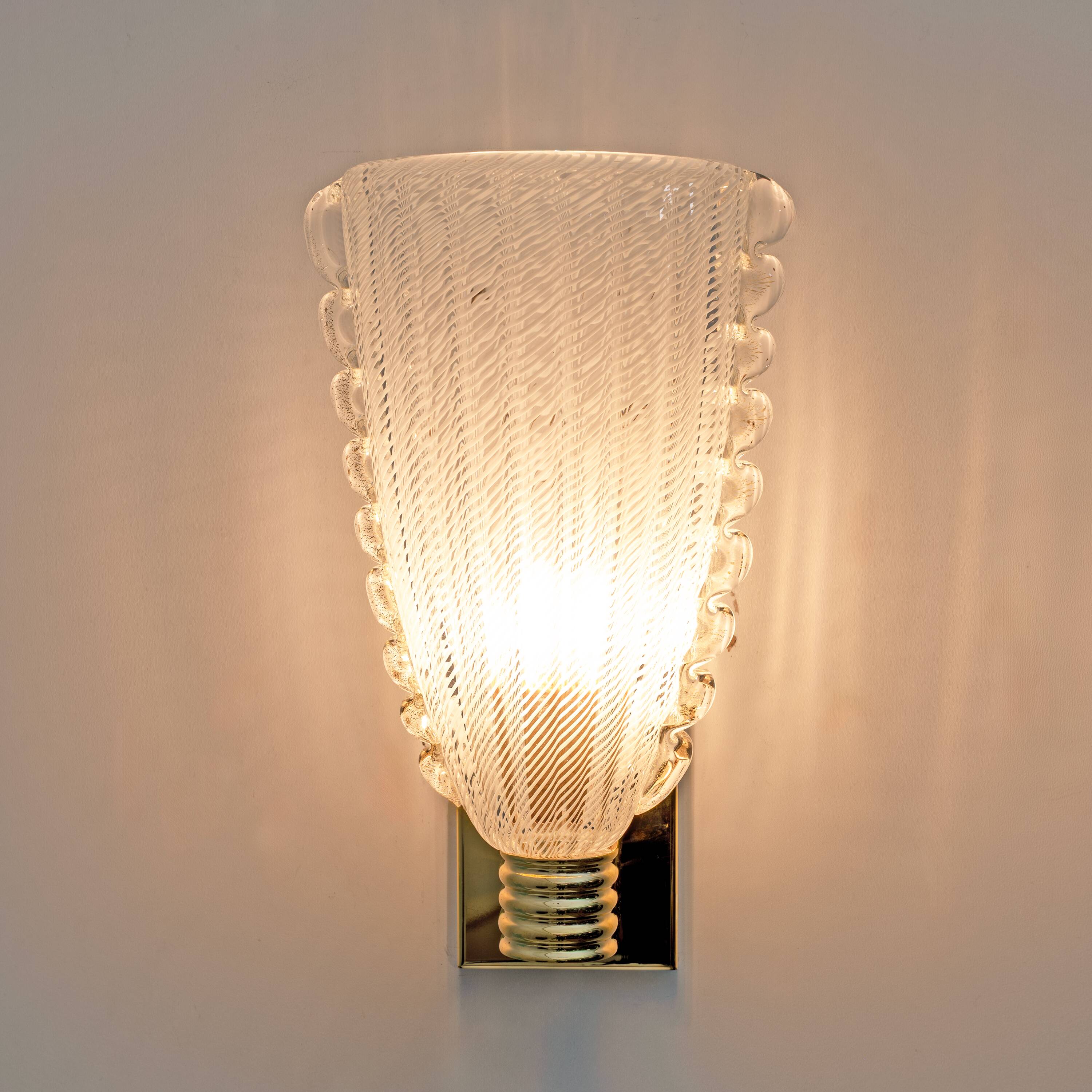 Attributed to Barovier & Toso Brass and "Reticello" Murano Glass Sconces