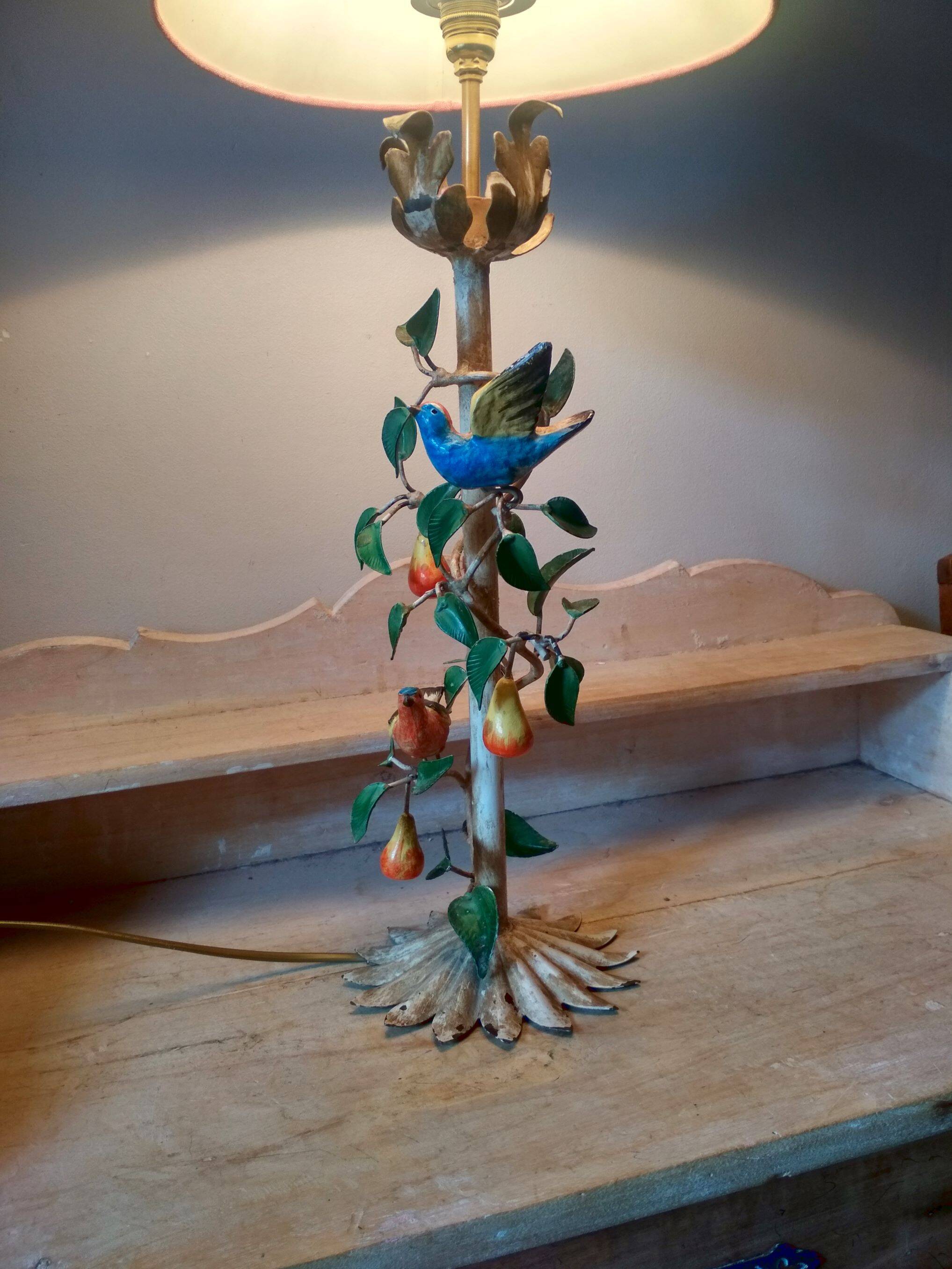 Painted metal candle holder lamp - wrought iron fruit and bird lamp base