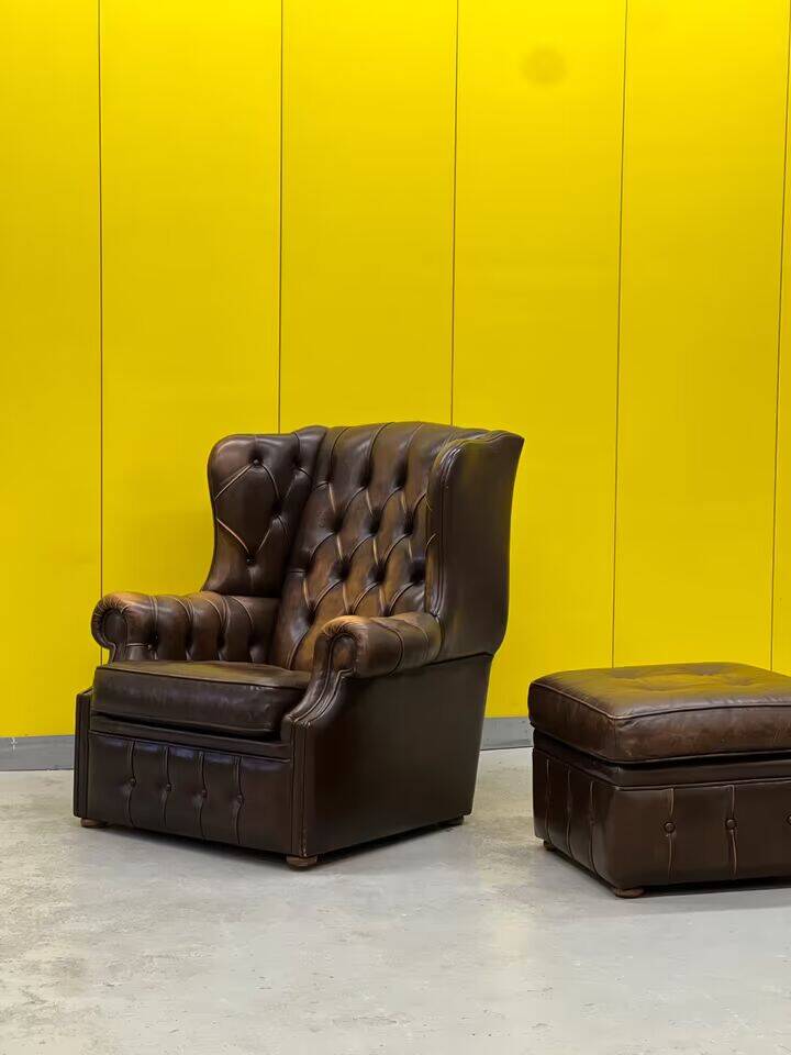 Brown leather chesterfield wing chair with Ottoman