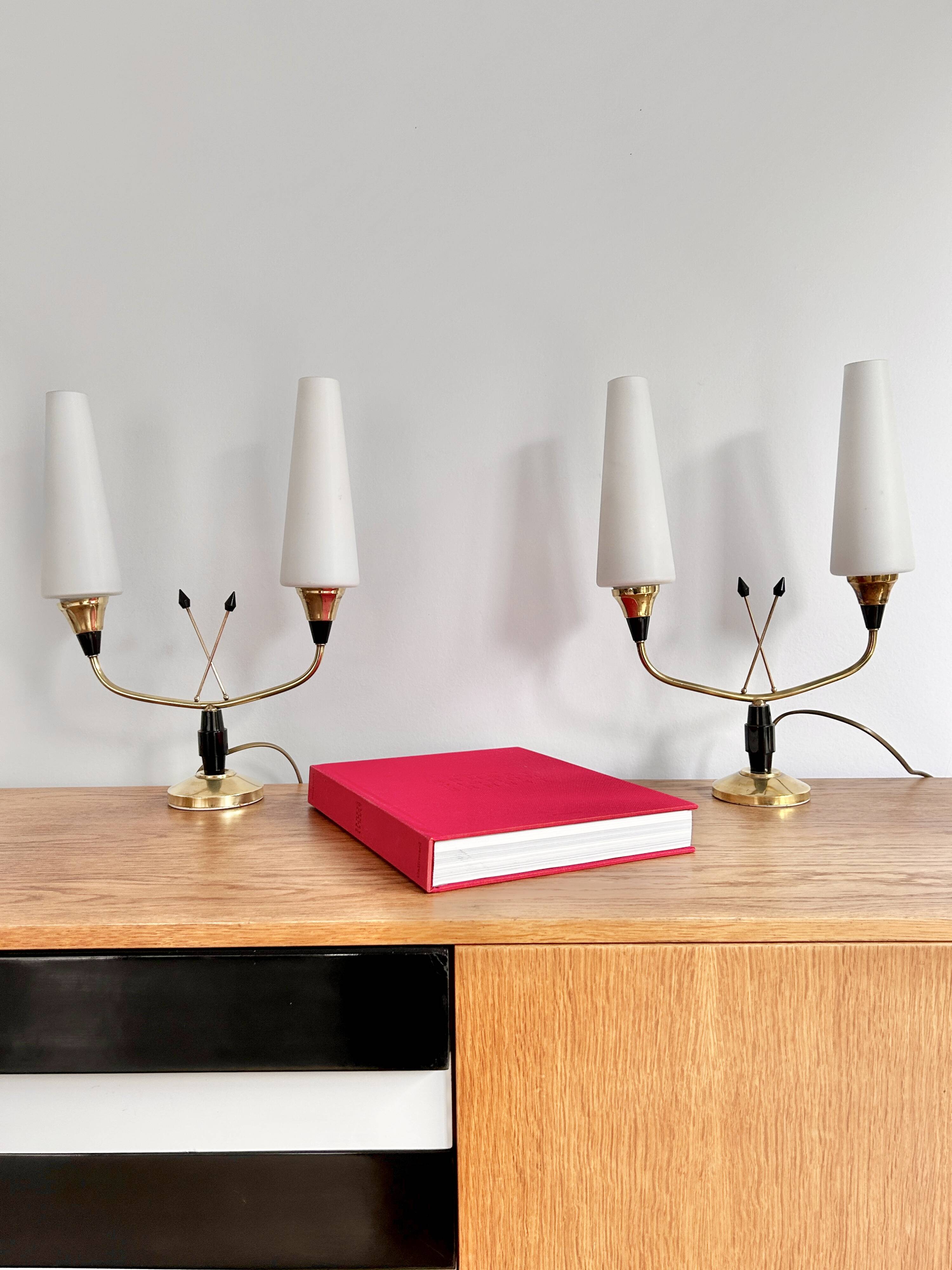 Pair of brass and opaline lamps from the 1950s.