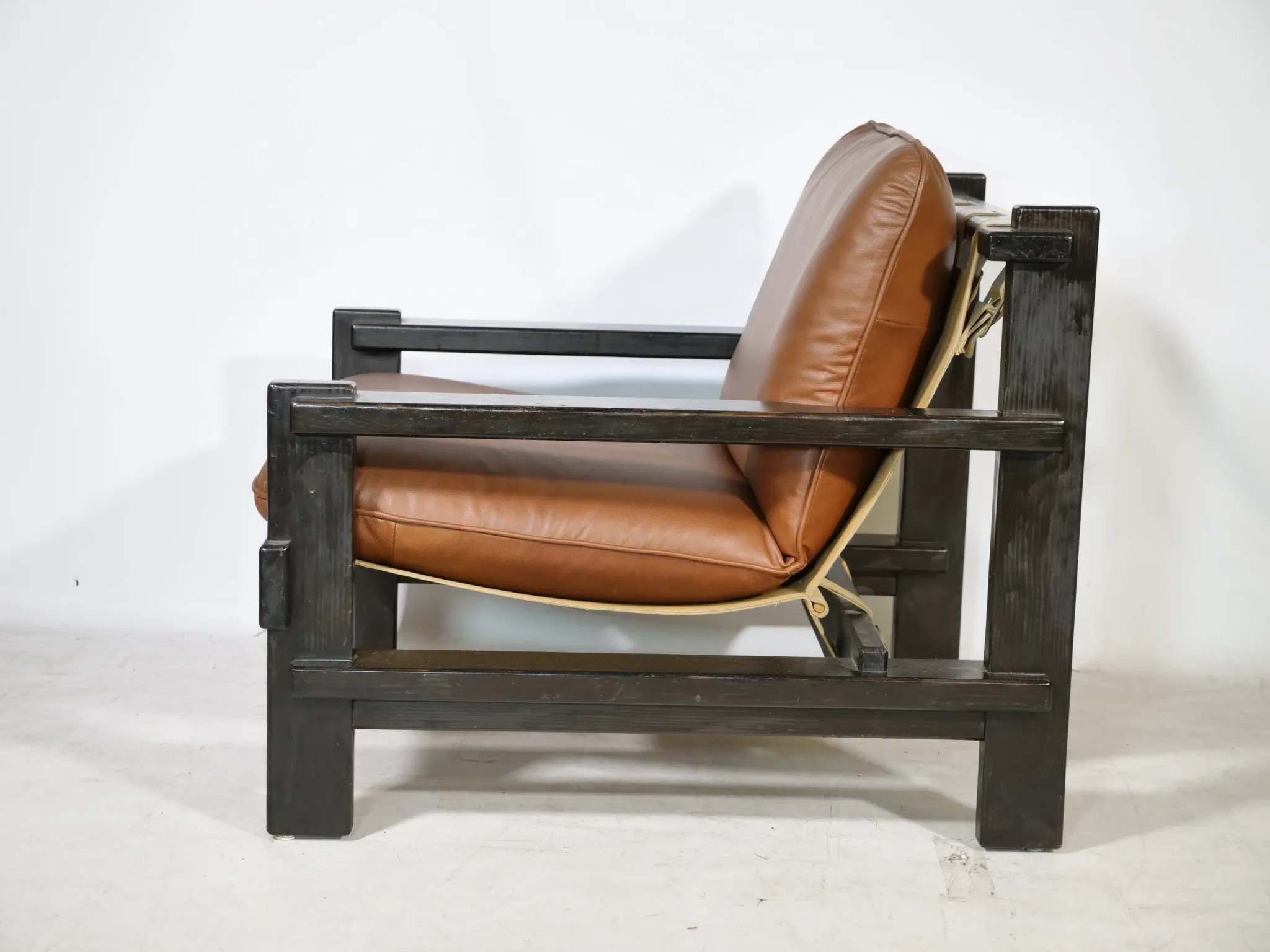 Brutalist Lounge Set in Light Brown Leather & Pine by Carl Straub, Set of 3