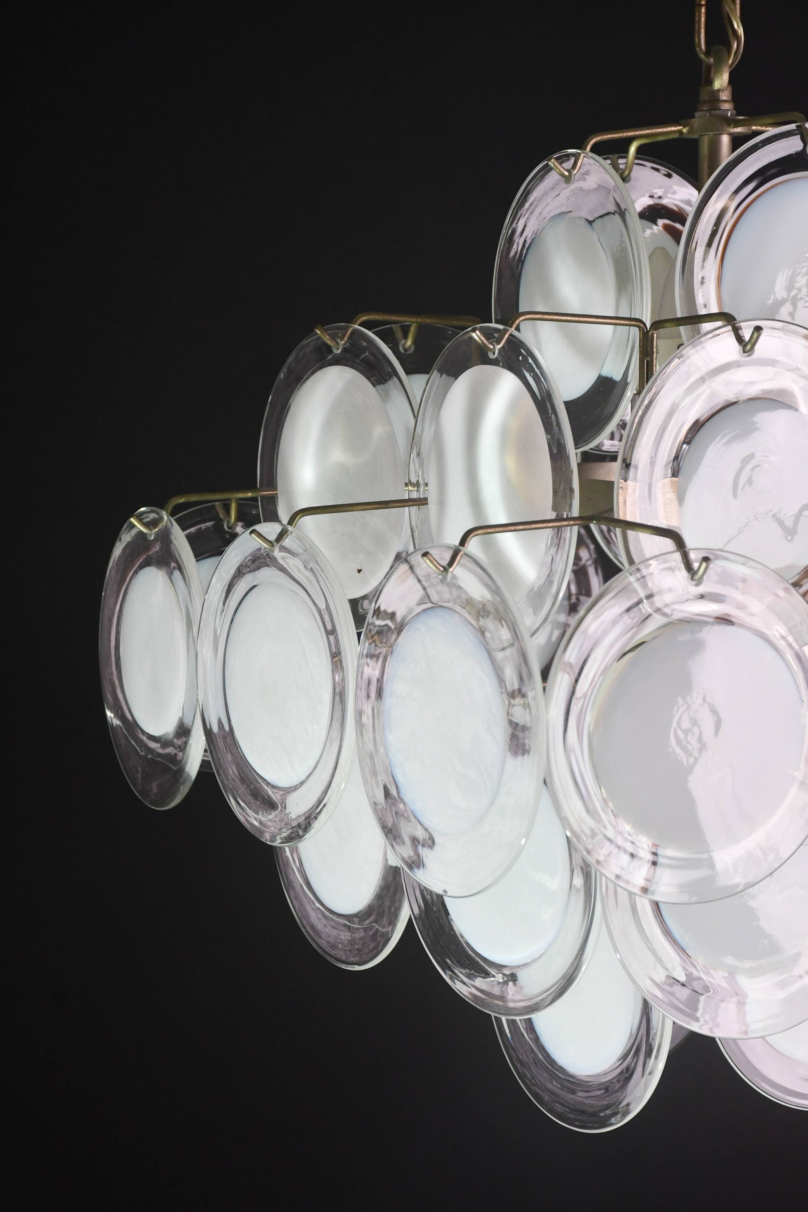 Large 36 Murano Glass White Disc Chandelier by Vistosi, 1970s