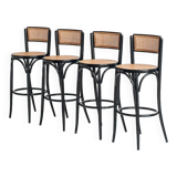 Set of 4 vintage high stools. Beech wood and cane. France, 90s