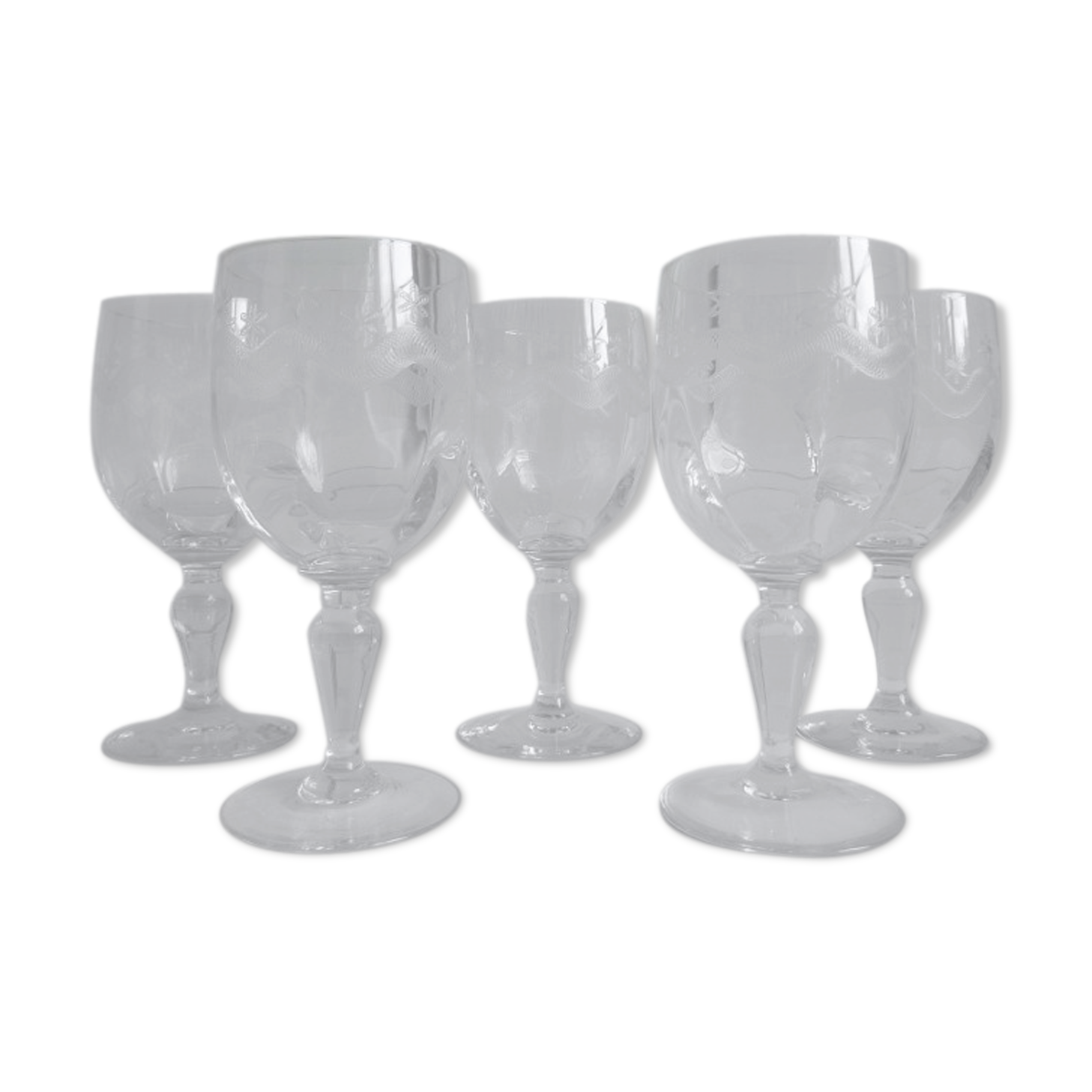 5 old engraved walking glasses