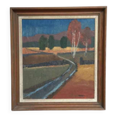 Huile sur toile suédoise d'époque mi-siècle – « Paysage » par Thure Wahlström – Vintage et encadrée
