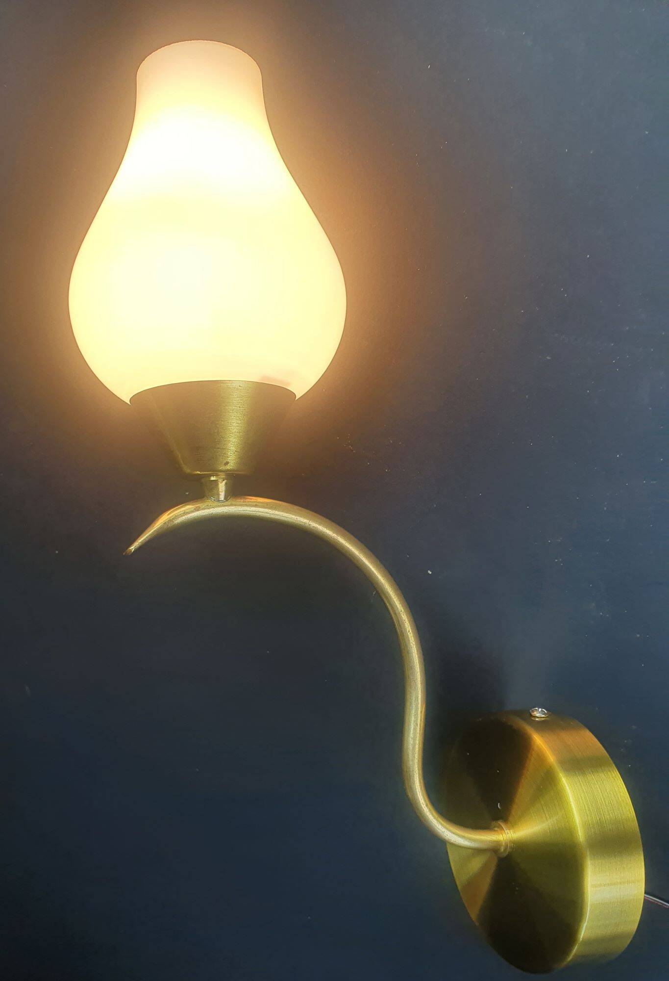 Pair of vintage wall sconces in gilded brass and opaline glass from the 1950s.