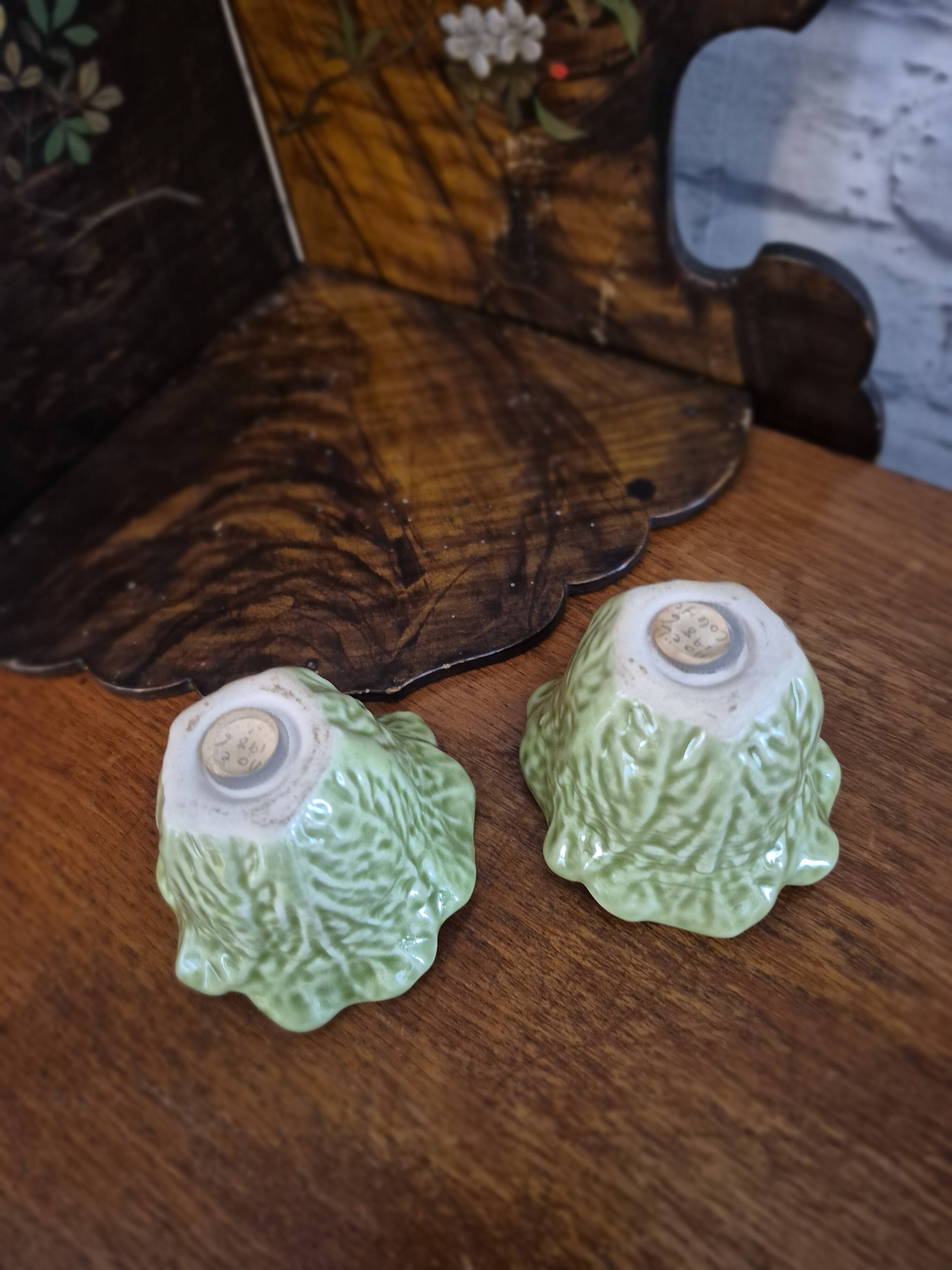 Vintage cabbage barbotine salt and pepper shaker duo