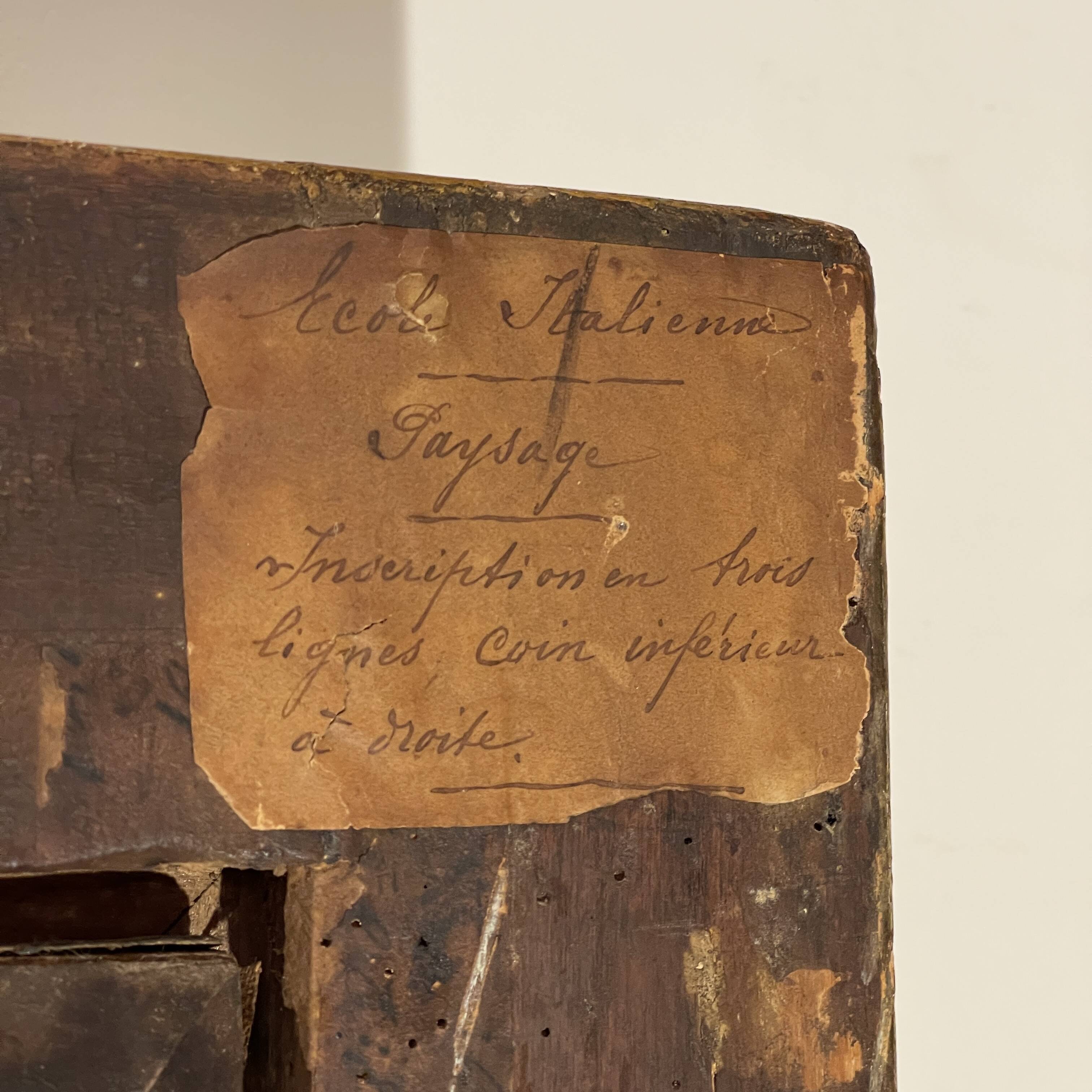 Italian School "Lake landscape, forest animated by figures" oil painting