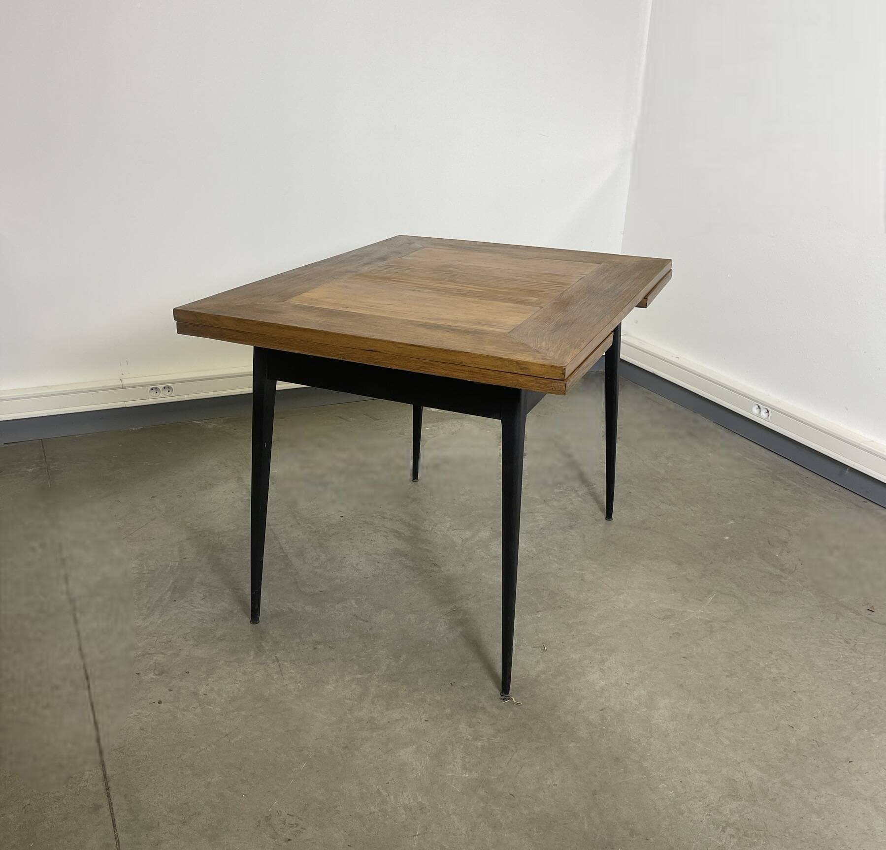 Rectangular extendable wooden table and black steel compass legs with 2 extensions France