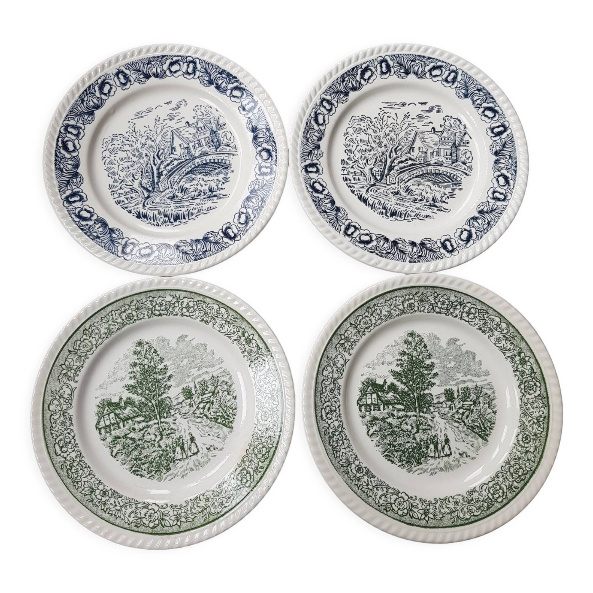 Lot de 4 assiettes plates vertes et bleues