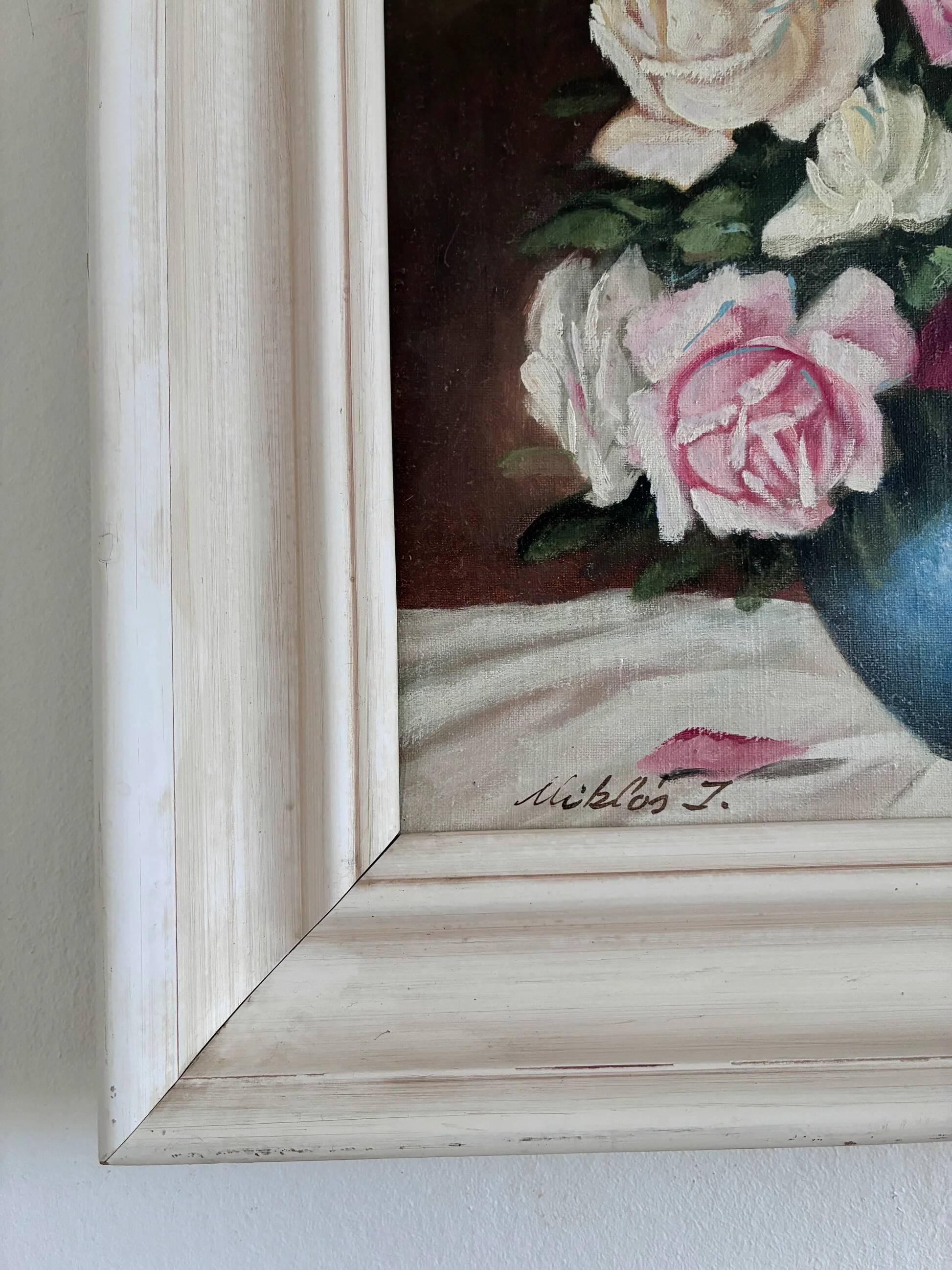 Vintage original floral rose oil painting, signed flower art