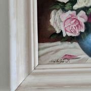 Vintage original floral rose oil painting, signed flower art