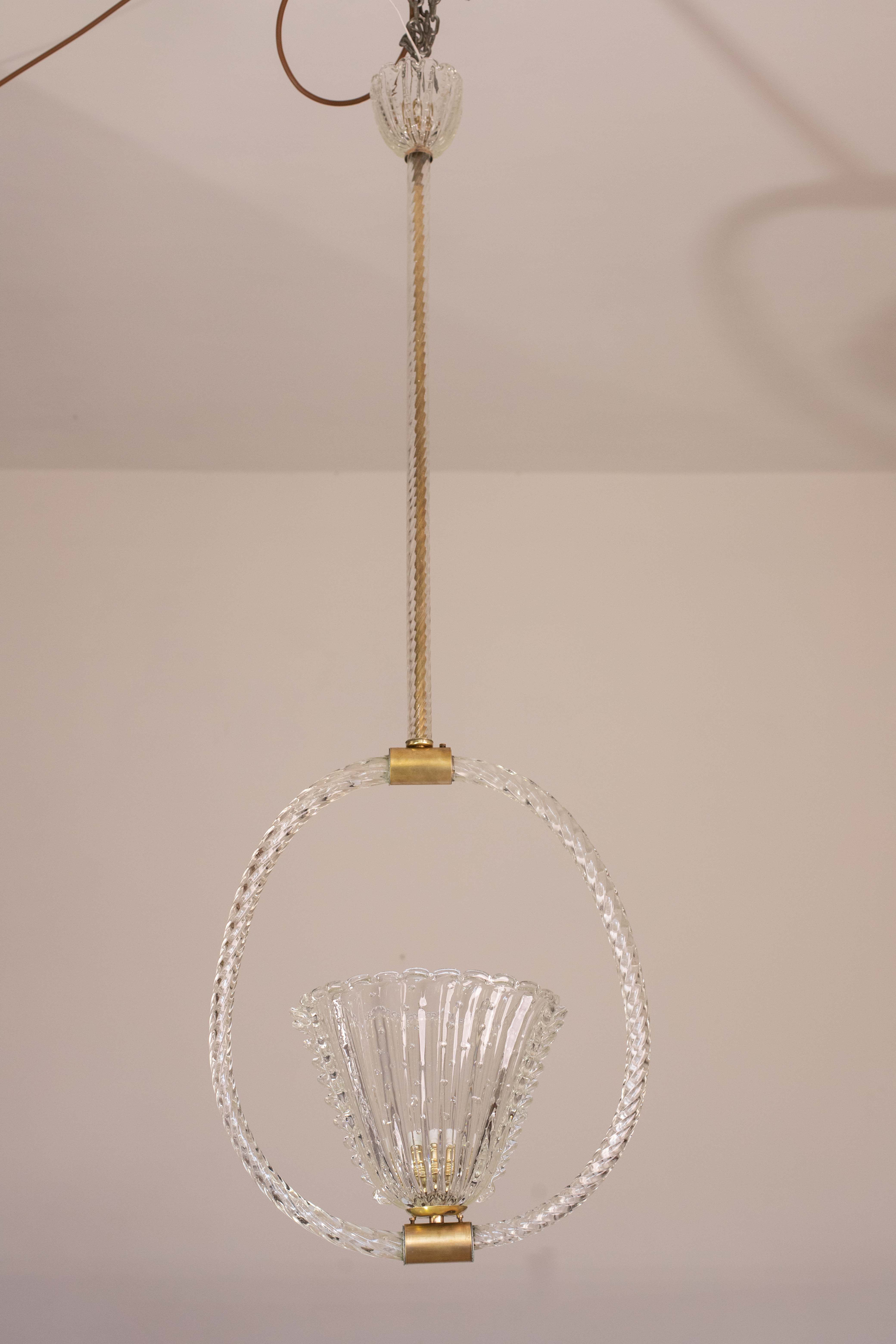 Ercole Barovier Art Deco Chandelier, "Bullicante" Glass Murano, 1940