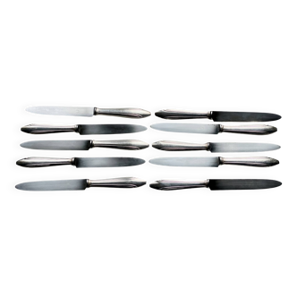Set of 10 modernist silver-plated metal table knives.
