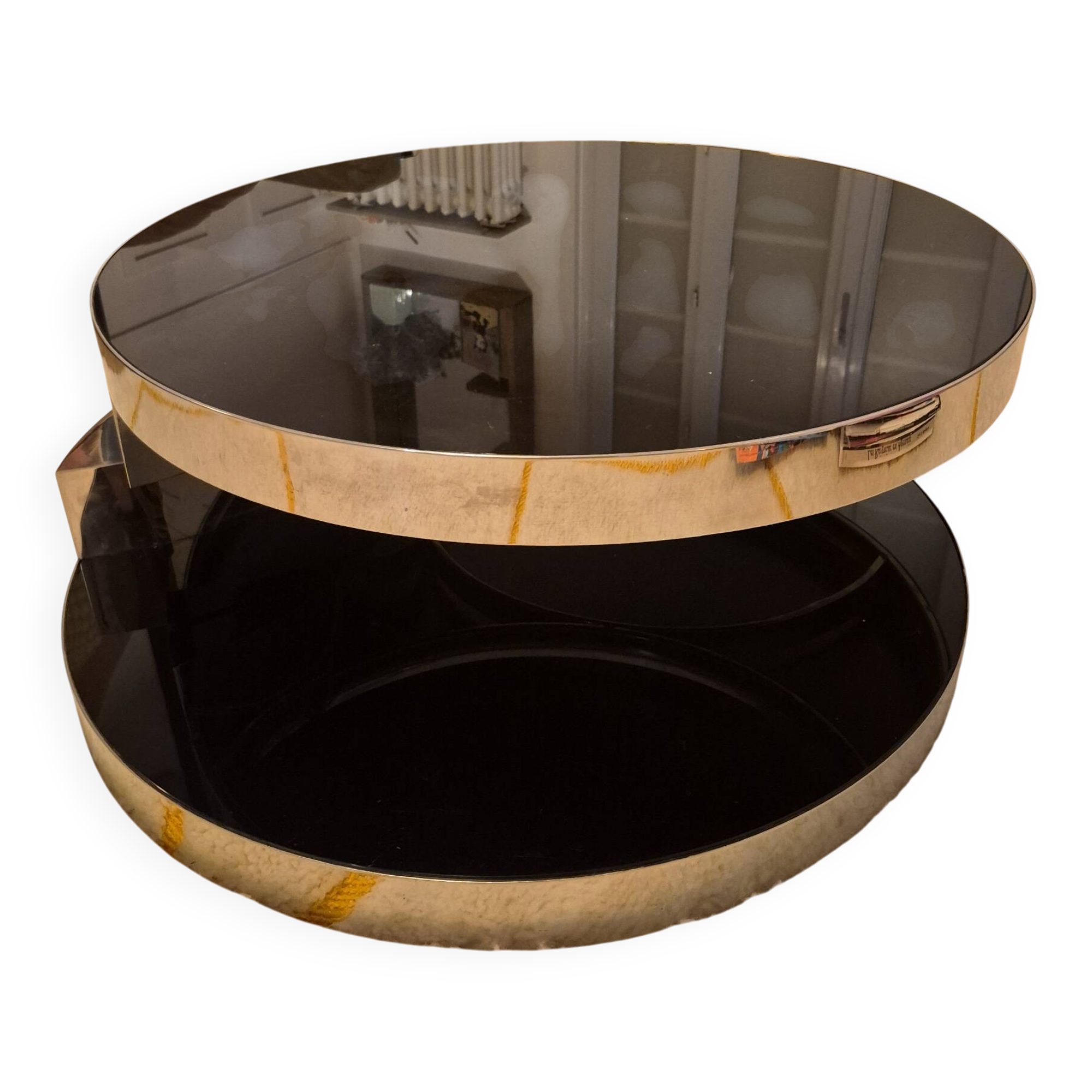Table basse années 70 pivotante verre noire fumée et chrome