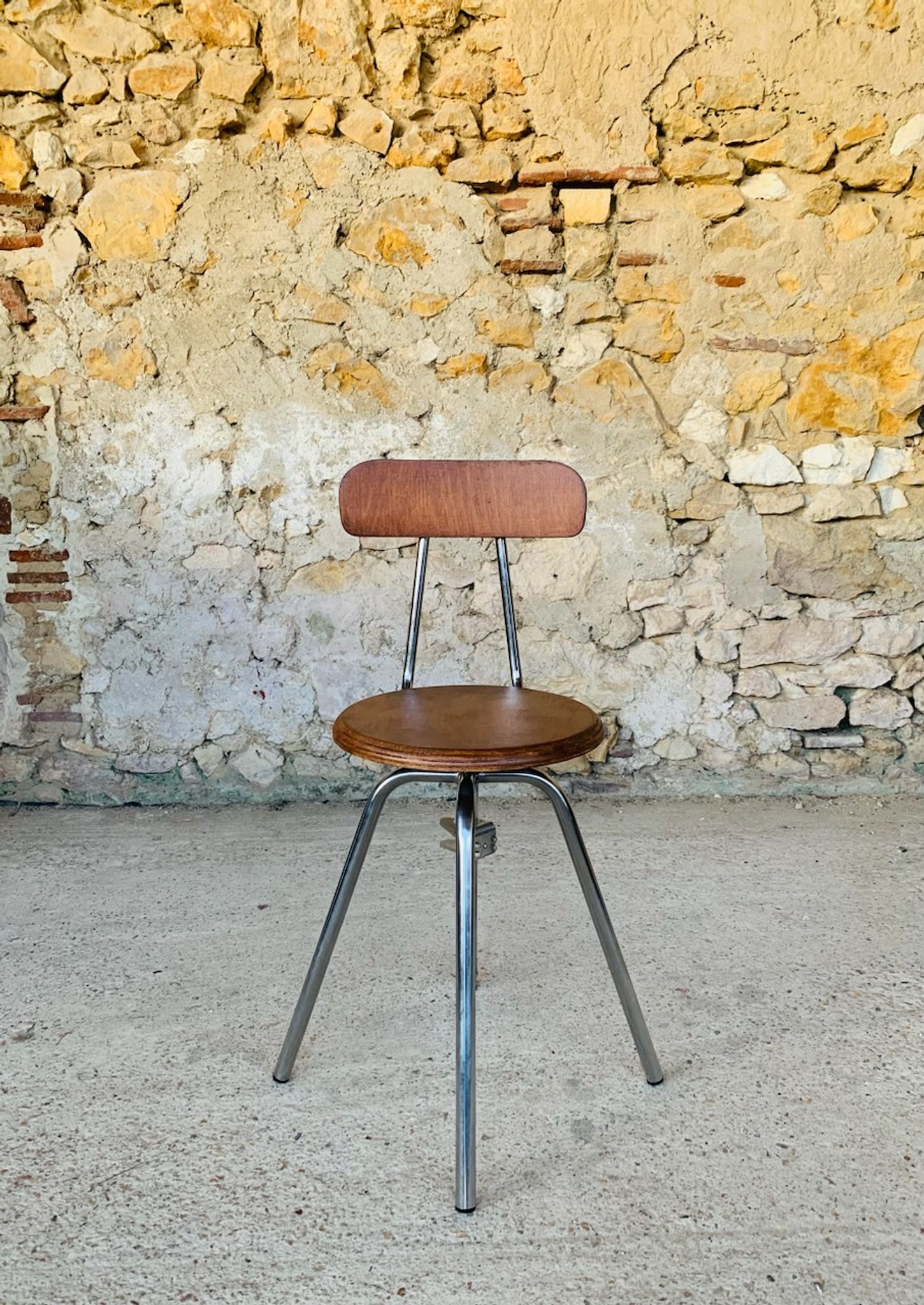 Vintage industrial metal and wood stool with adjustable swivel seat, 1960's