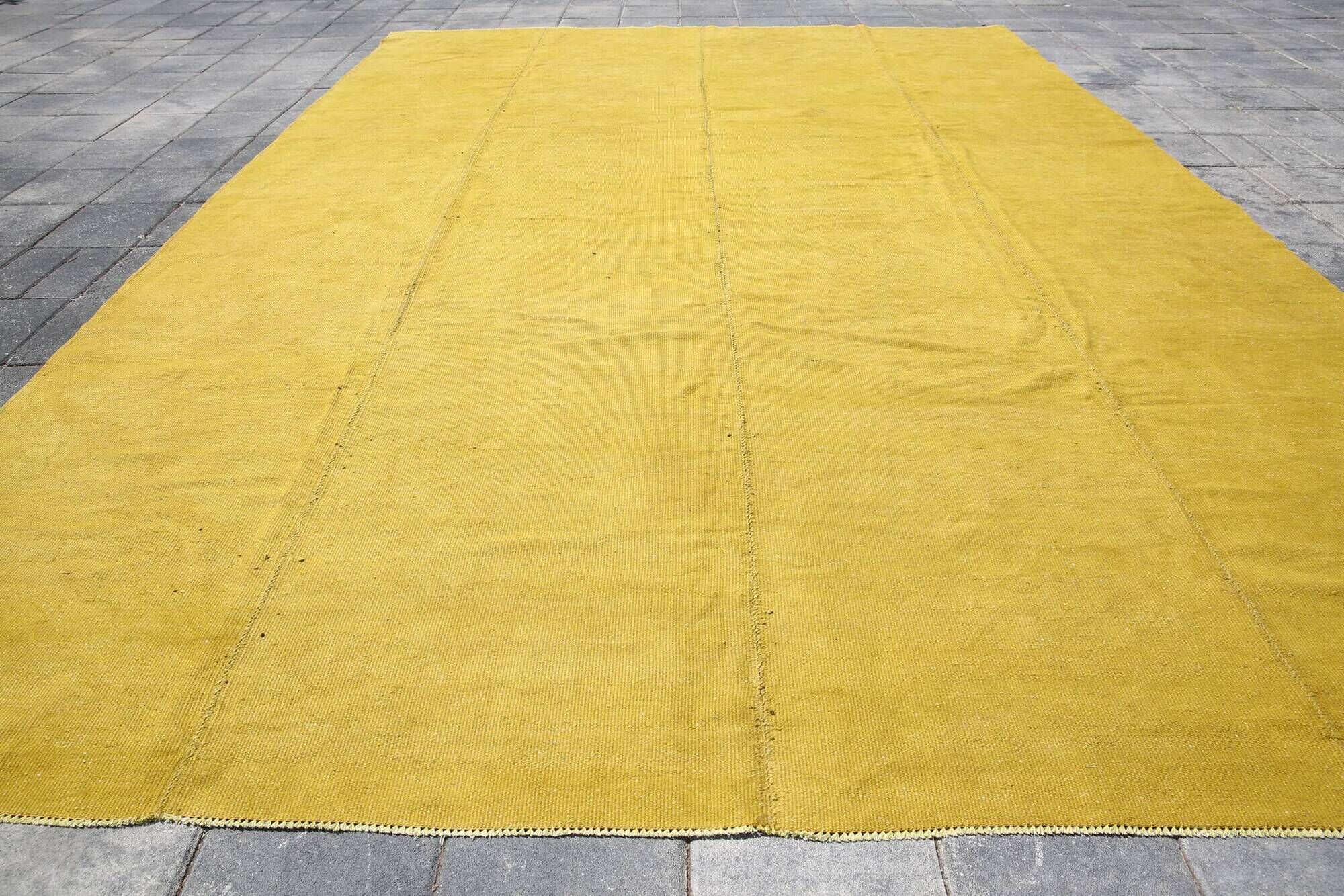 Vintage Mustard Yellow Kilim Rug,Large Turkish Woven Wool Carpet,302x410 Cm