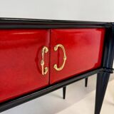 Pair of Italian Art Deco Nightstands in Red Parchment and Black Lacquer, 19