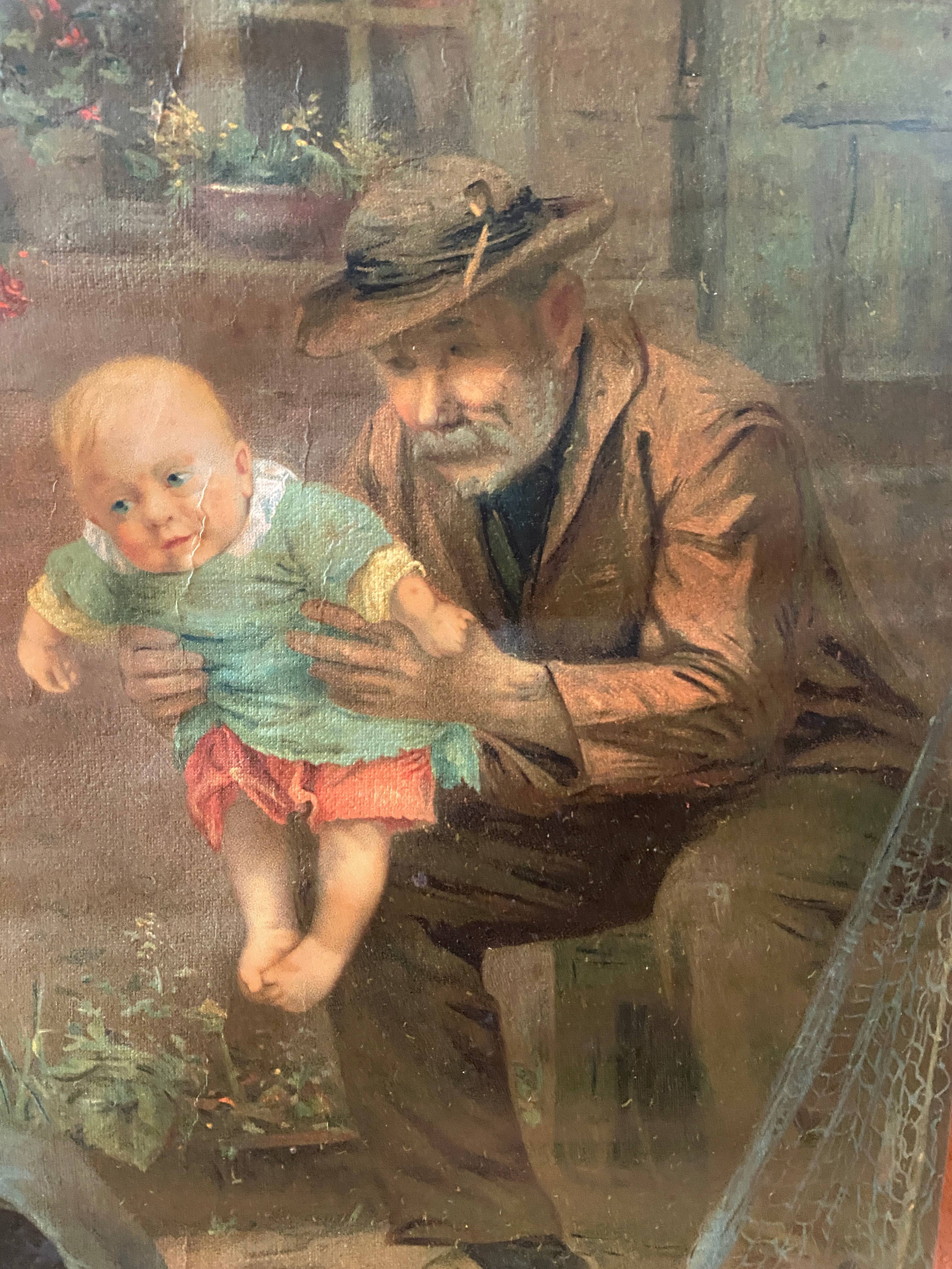 Chromo painting 1900 Breton family Baby fisherman signed