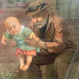 Tableau chromo 1900 famille bretonne pêcheur bébé signé