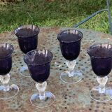 Set of 5 wine glasses in blown and bubbled glass, duo line, biot glassware style, unsigned,
