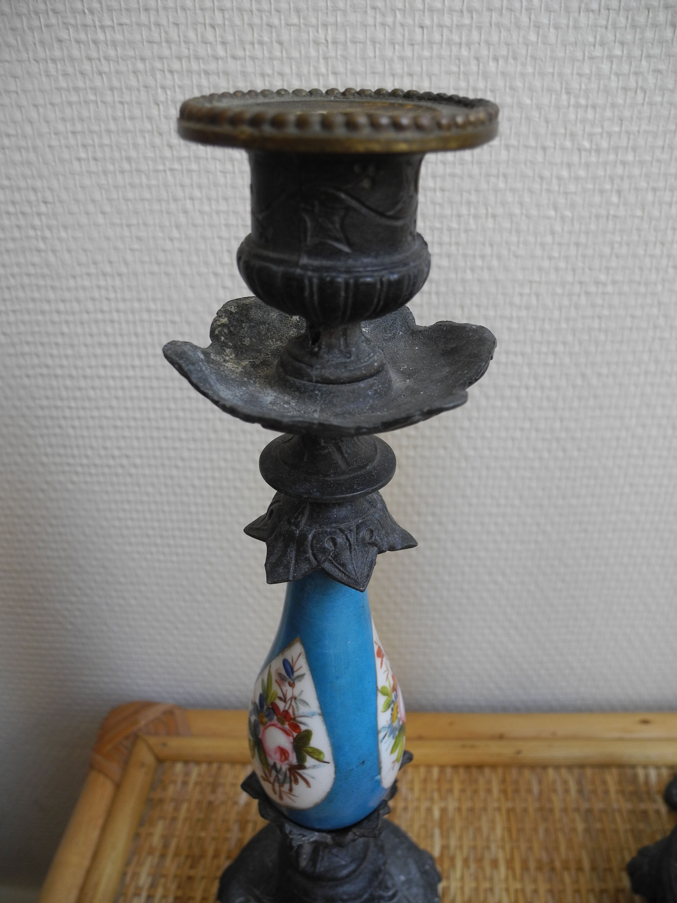 pair old candlesticks tin porcelain old french candlesticks