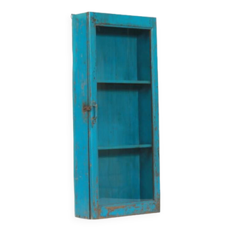 High vintage wall display case in old blue teak patina and original piece from India