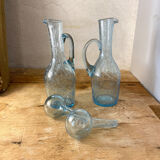 Pair of blue bubbled blown glass decanters