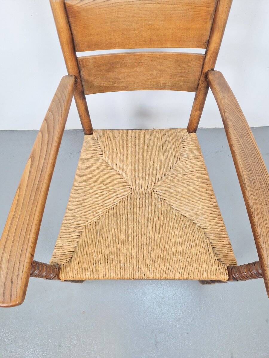 Vintage Dutch Bobbin Armchair in Oak and Rush, 1930s