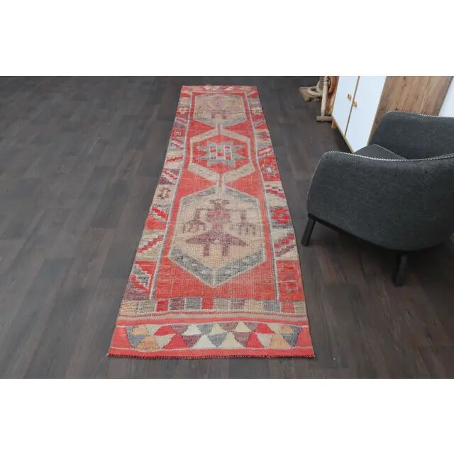 1970s Turkish Oushak Handmade Wool Cotton Red Runner Rug 86x344