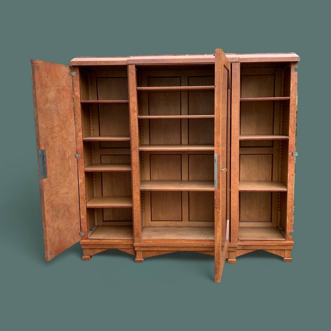 Art deco glass china cabinet in burr walnut 1930