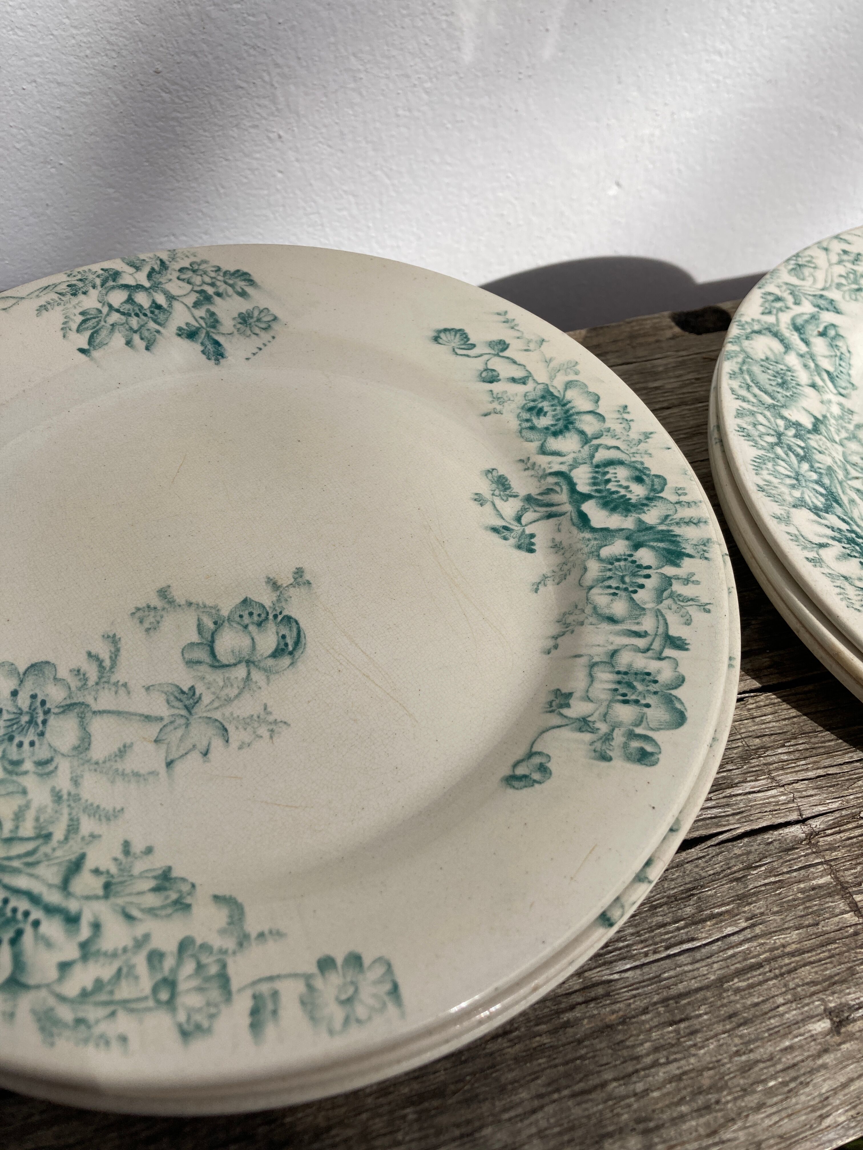 8 Terre de fer plates Anémones Bertrand Bordeaux old in green ceramic decorated with flowers