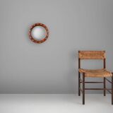 French round wooden mirror with elegant blue and white glass decoration, 19