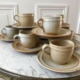 set of 10 cups and sub-cups in stoneware of the Marais handcrafted signed 70s