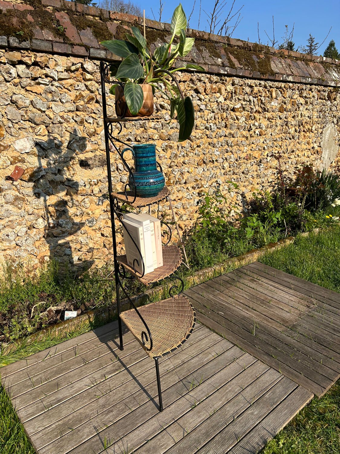 Vintage 1960-70 rattan and iron corner shelf