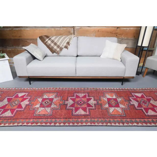 Vintage Turkish Oushak Handmade Wool Cotton Red Runner 87x336