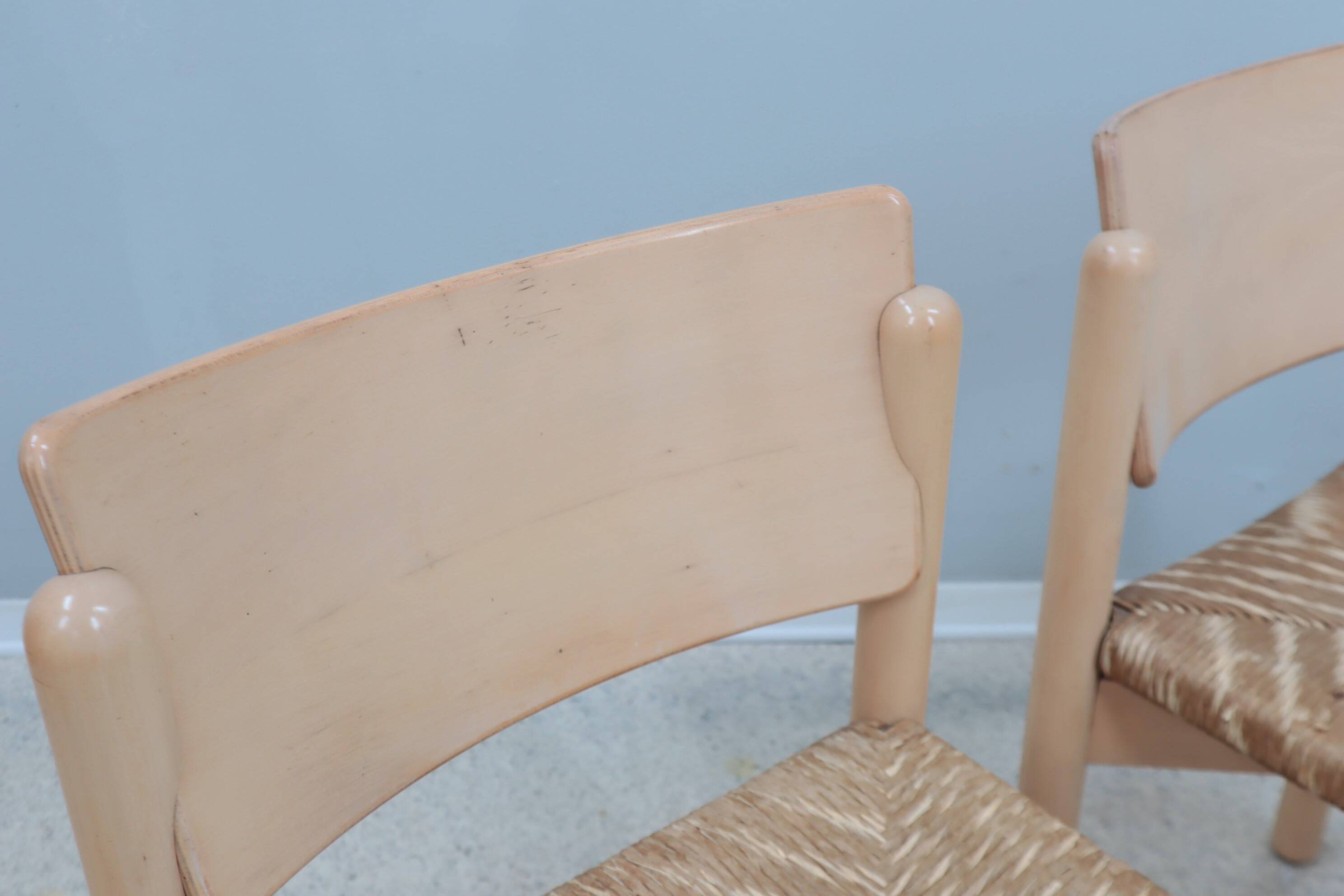 Vintage rustic dining chairs with straw seat 1970s