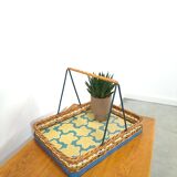 Rattan tray with handle and vintage flowers