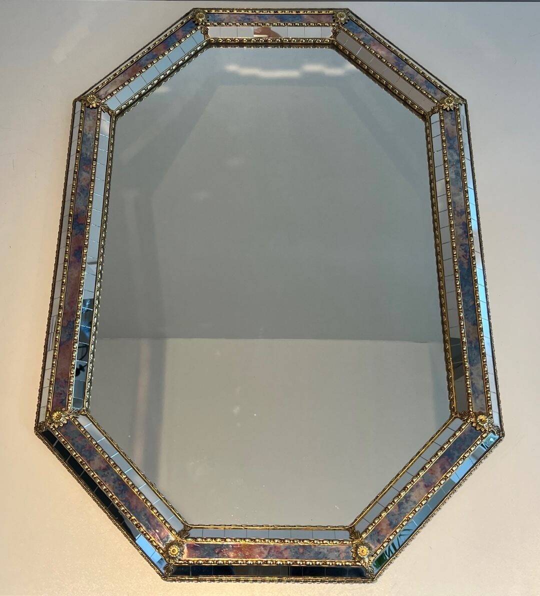 Octagonal Faceted Mirror with Brass Garlands — French Work, Glass