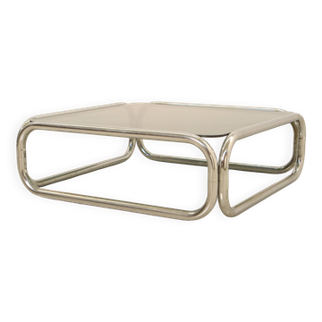70s "Space Age" square metal coffee table with smoked top