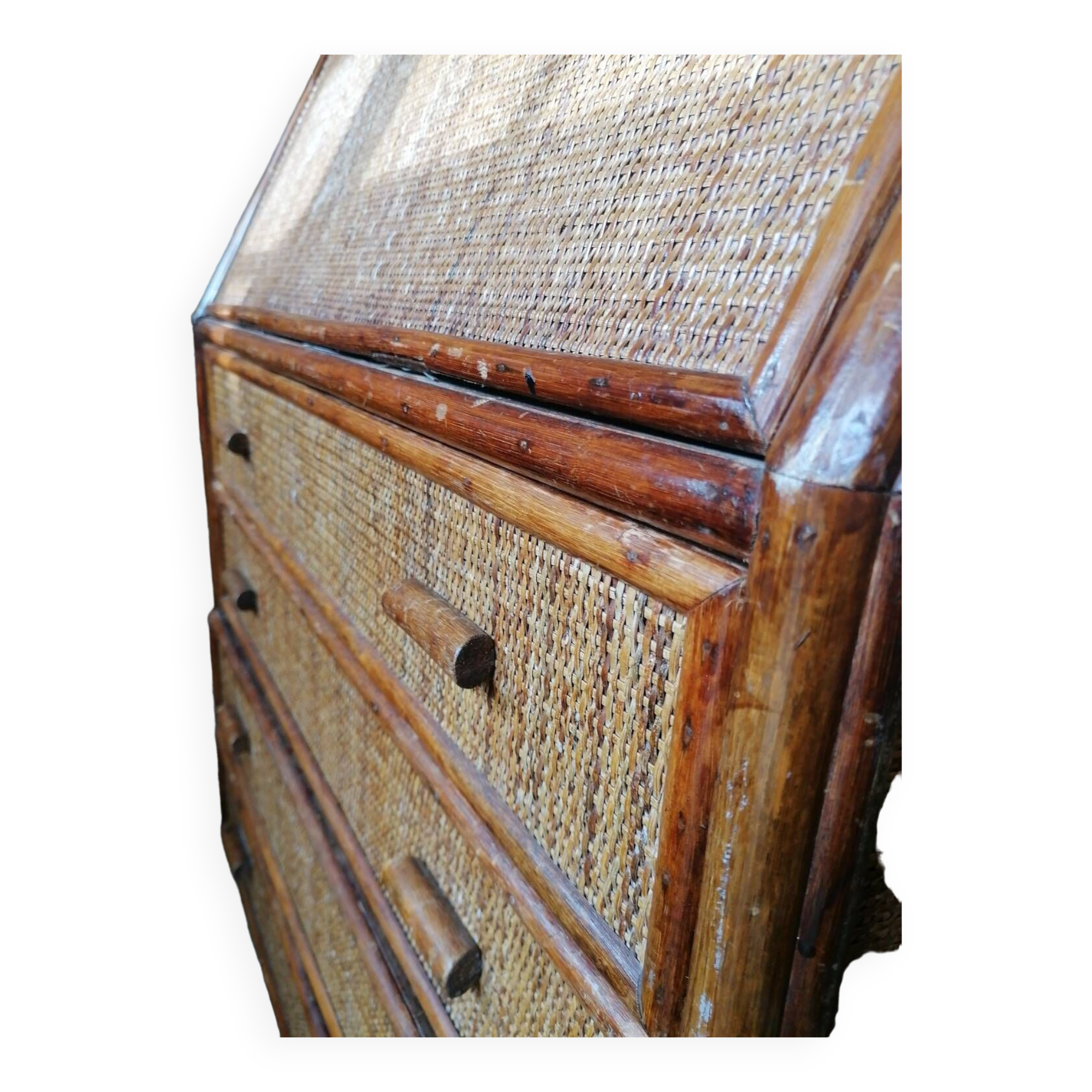 Rattan and wicker secretary chest of drawers