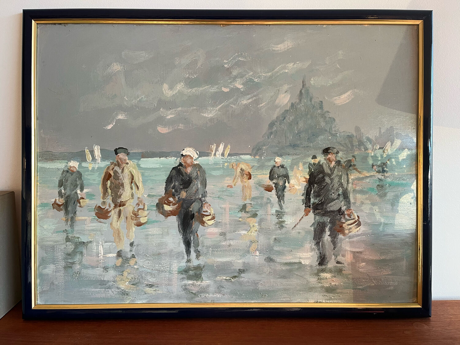 Oil on panel, Fishermen in the bay of Mont Saint Michel
