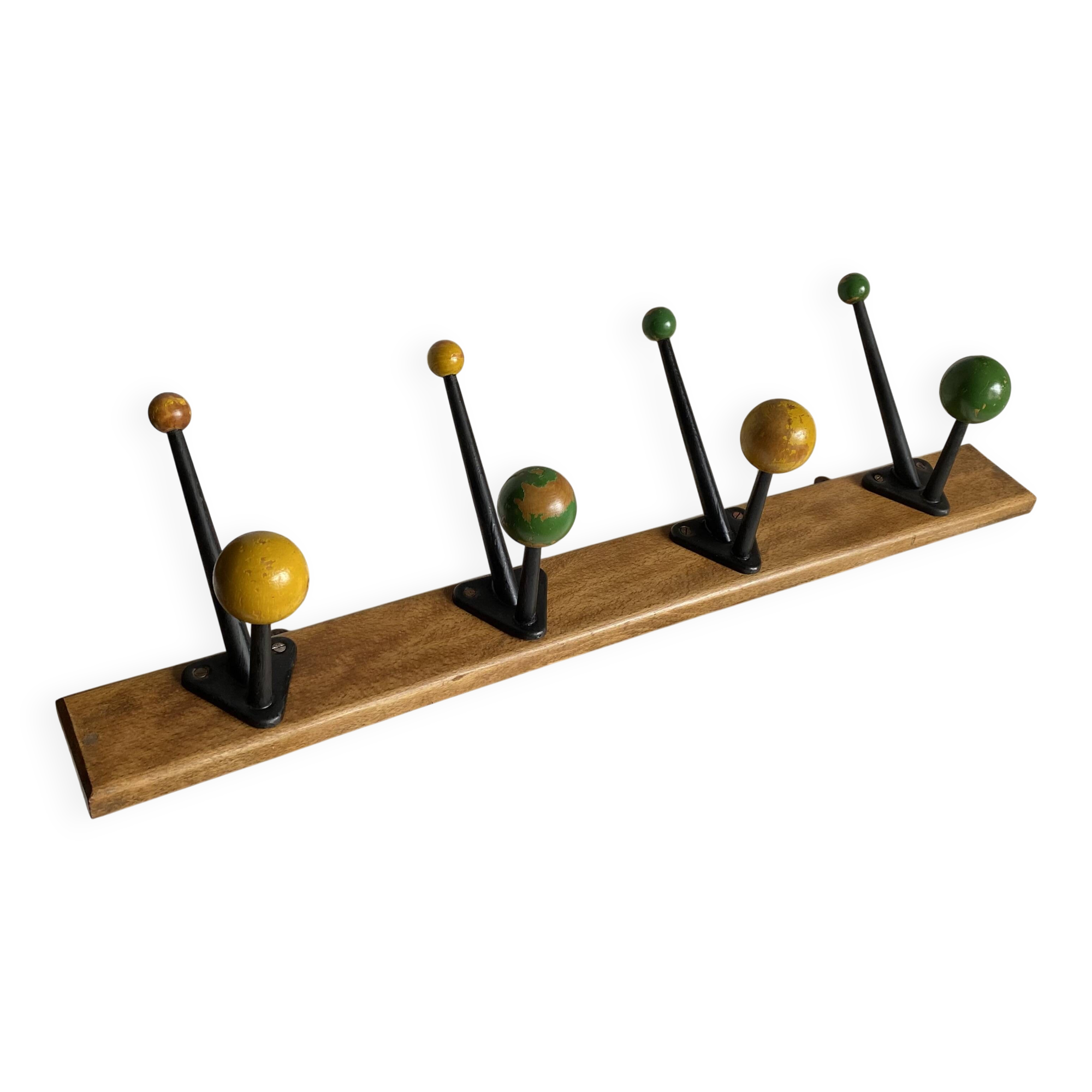 Coat rack with 5 double metal hooks and vintage wooden balls from the 1950s.