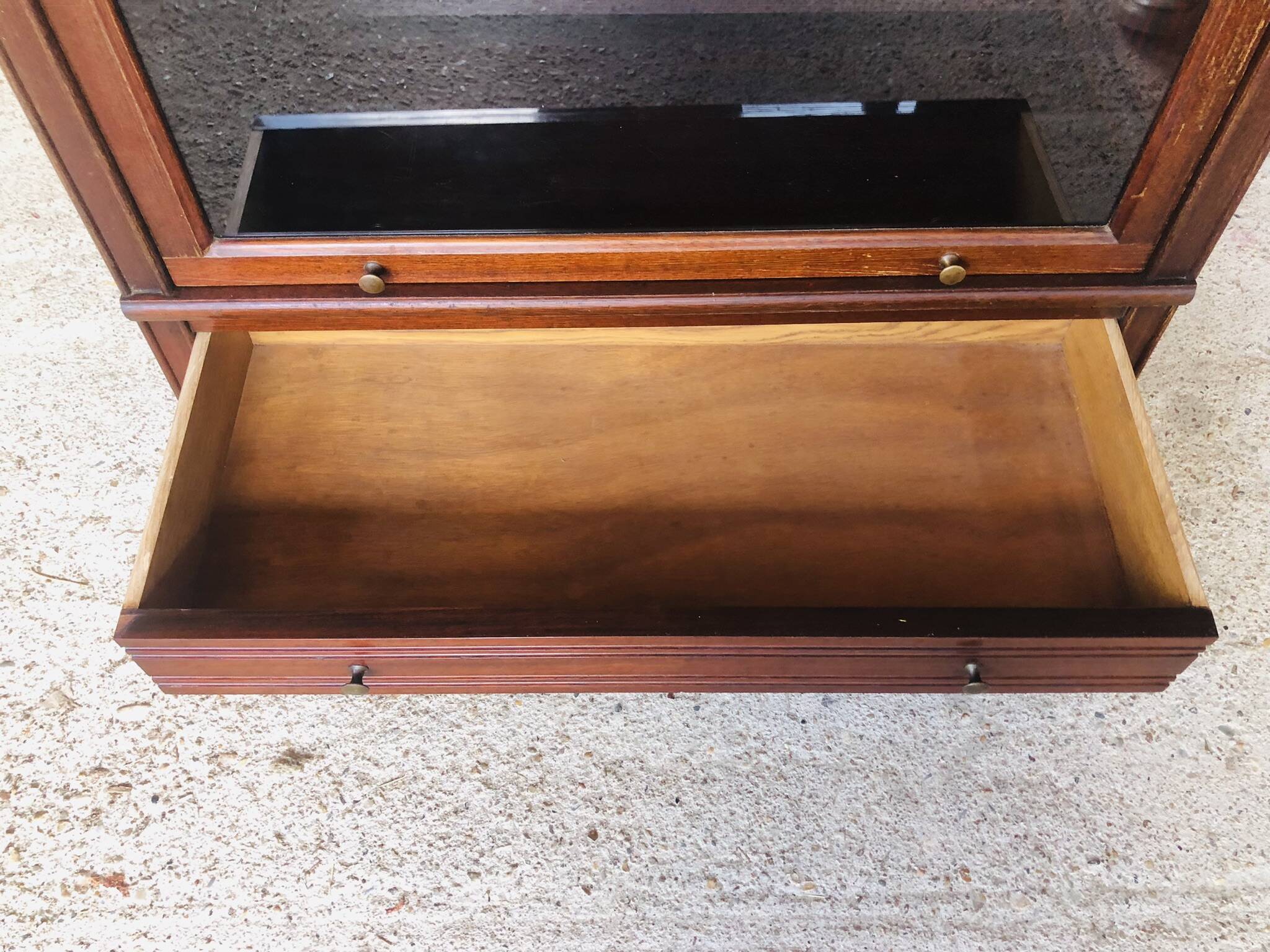 Vintage mahogany avocado bookcase with overhead glass doors circa 40's/50's