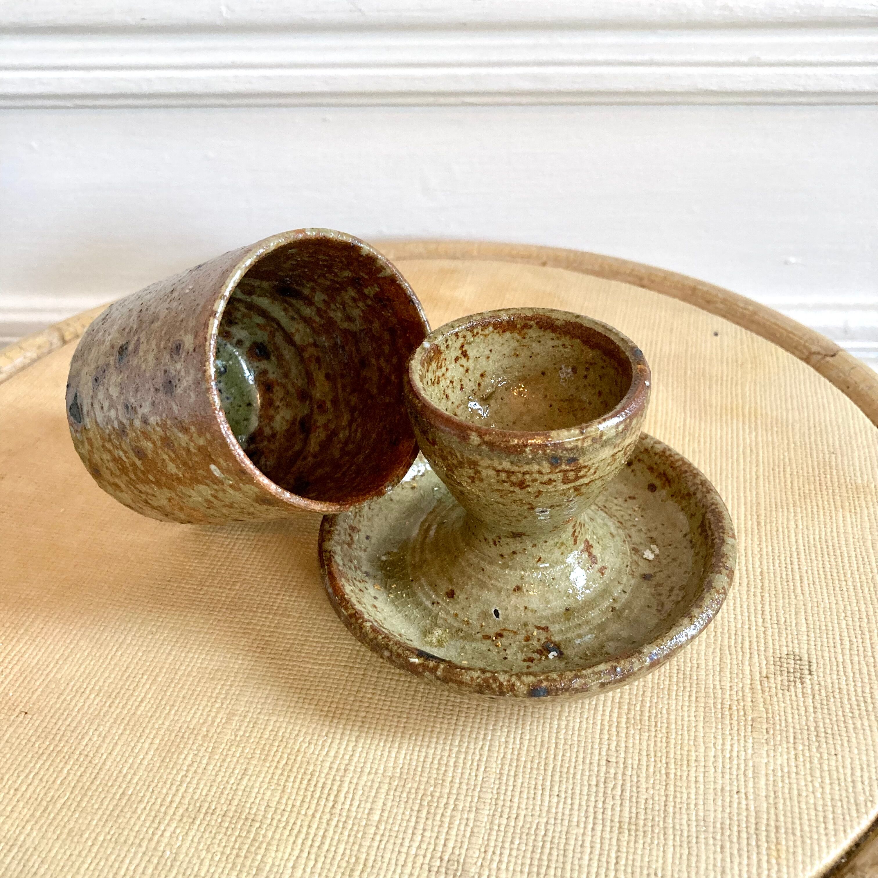 Egg cup and bowl set in pyrite stoneware