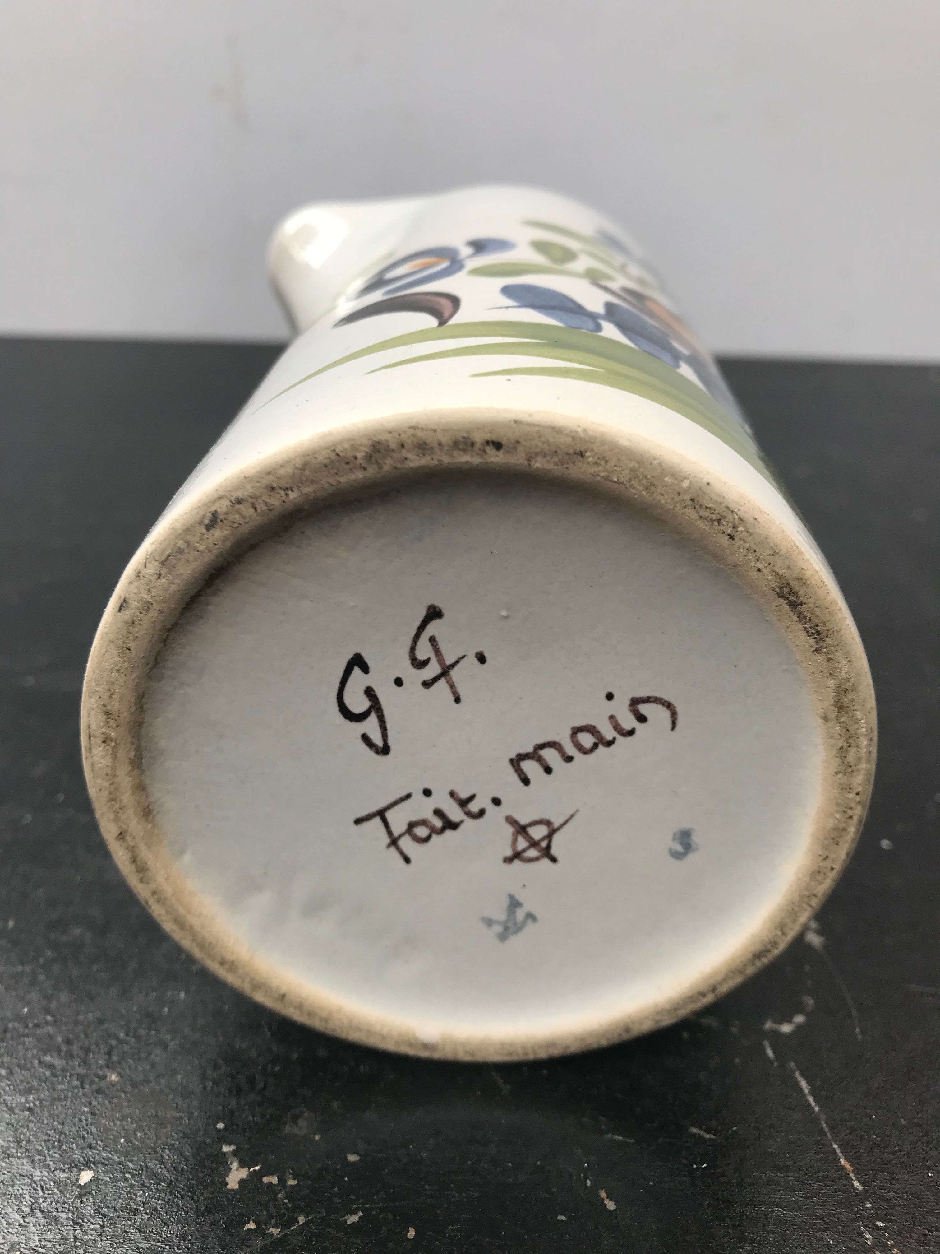 Former pitcher quimper gf ceramics white decor painted flowers - anse vintage