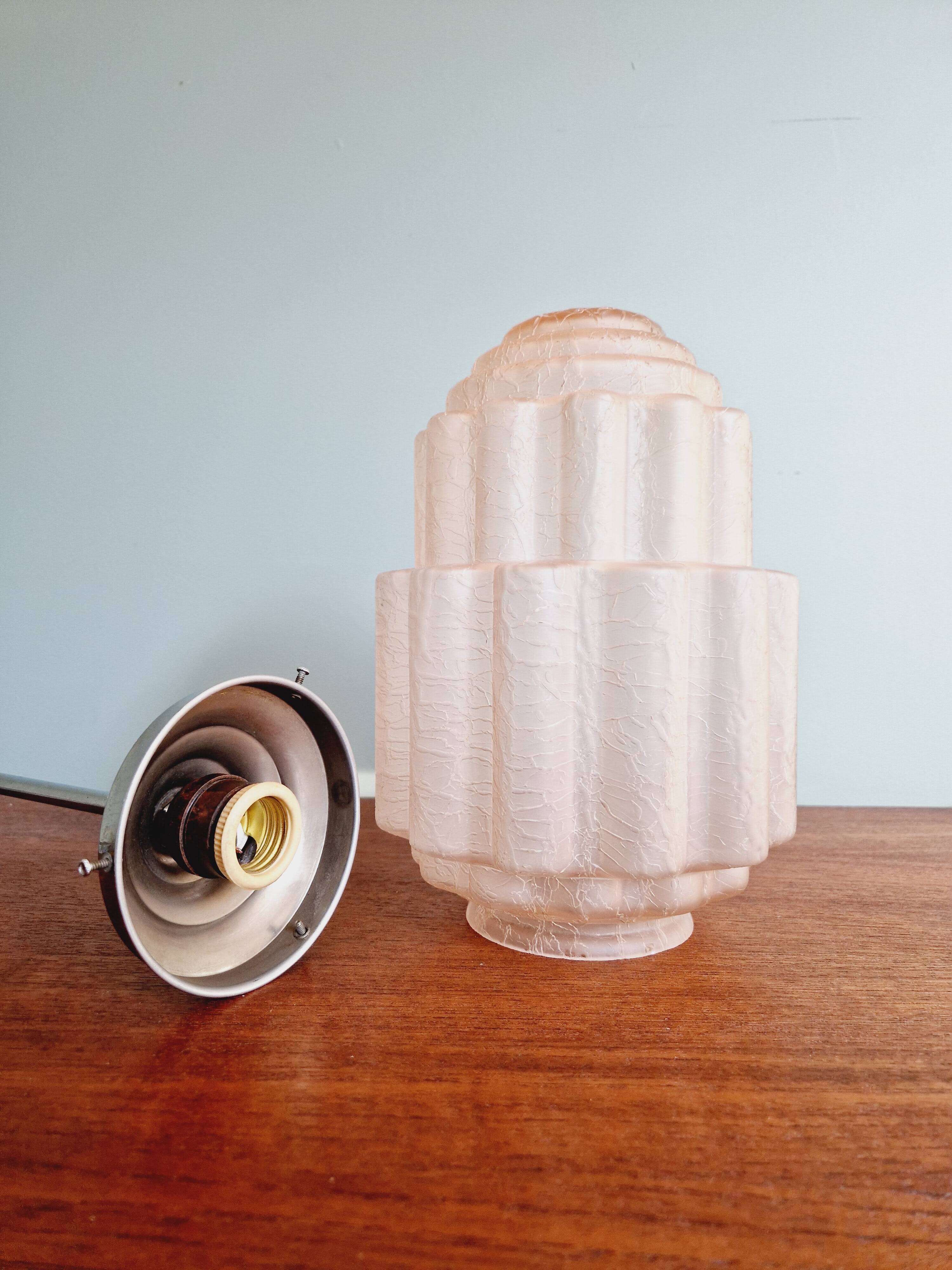 Art Deco Skyscraper pendant light in pink cracked glass