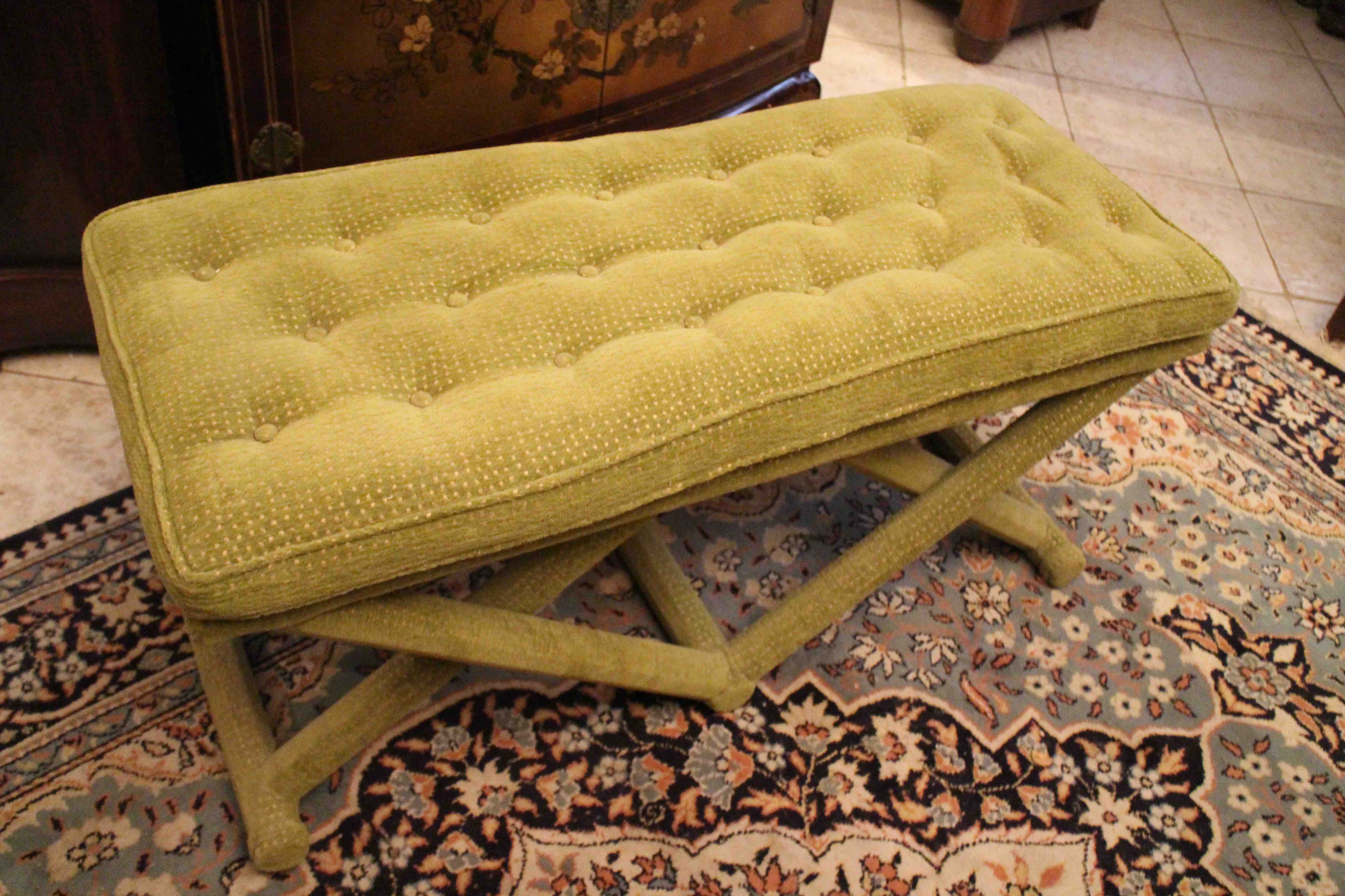 Mid-20th-designed green velvet bench