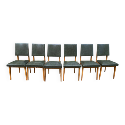 Série de 6 chaises scandinaves vintage bois massif et skaï vert 60s